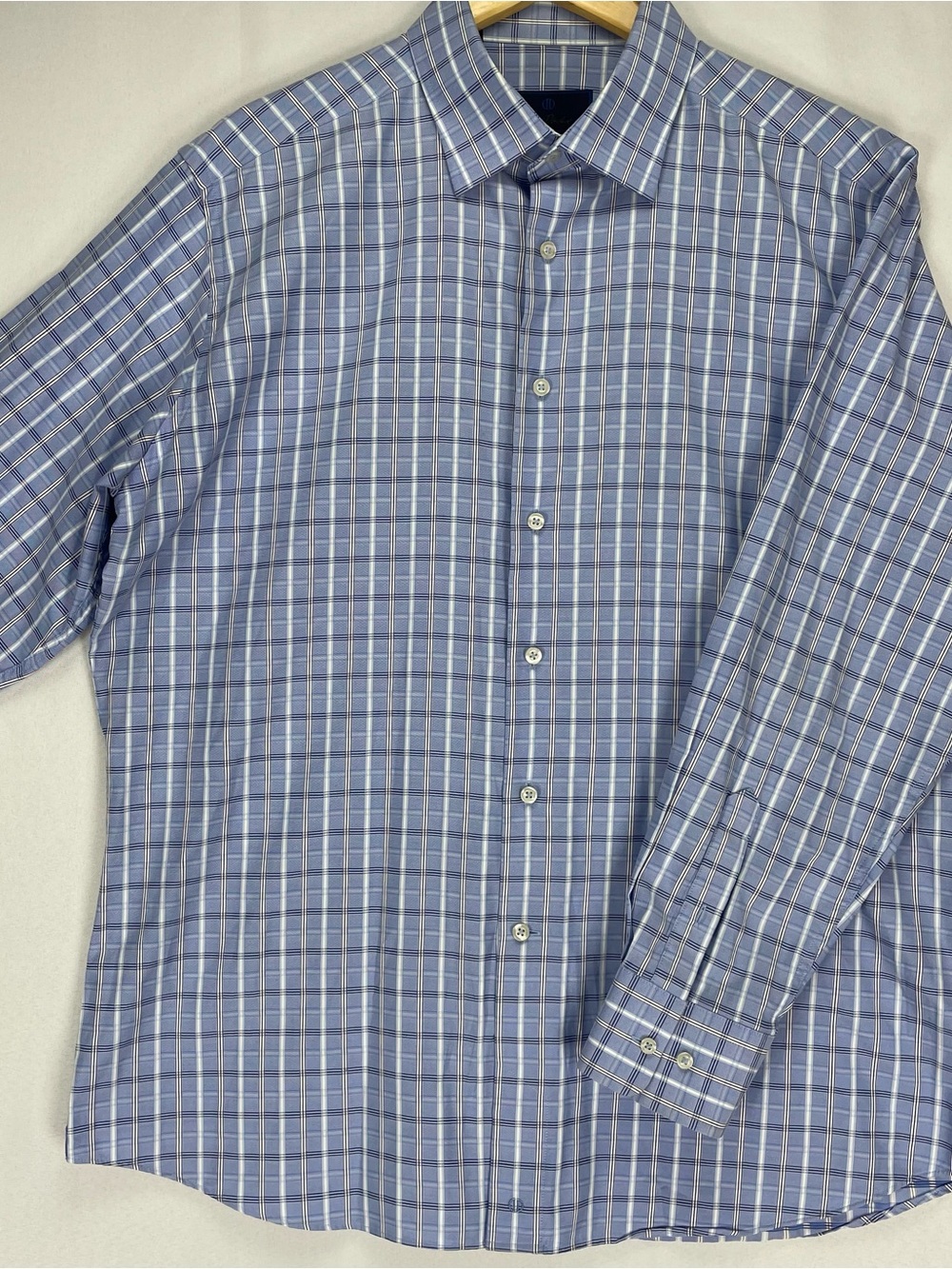 David Donahue Dress Shirt Men’s 17.5 34/35 Trim Fit Blue Check Plaid Long Sleeve